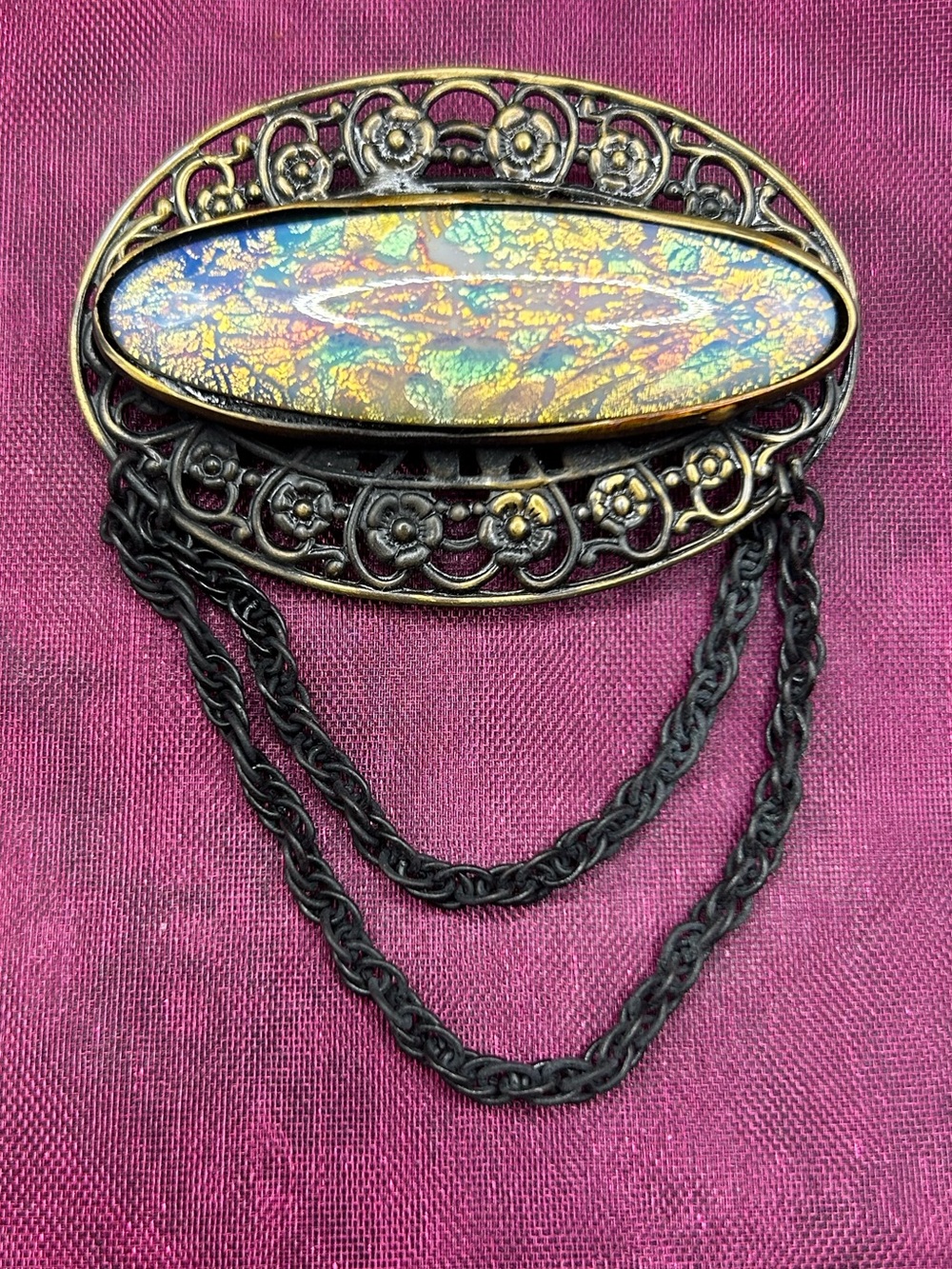 Vintage- Iredecient Glass Oval Brooch with Black Chain Accent
